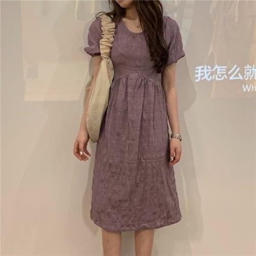 Women Summer Purple High Waist Long Dress Vintage Puff Sleeve Irregular Waistline Sashes Midi Sundress Bow Tie