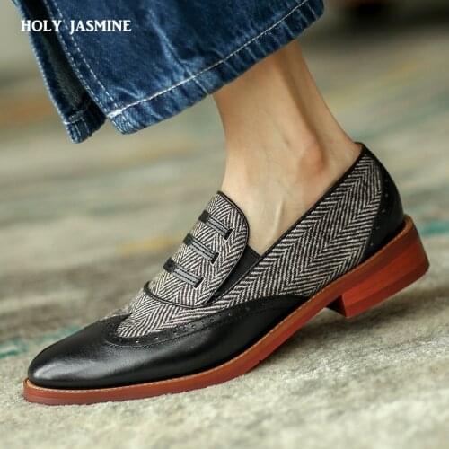 2021 British Style Women Shoes Shallow Genuine Leather Carved Bullock Shoes Ladies Slip on Casual Shoes Footwear Womens Shoes