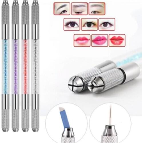 4Pcs Double Head Crystal Acrylic Tattoo Manual Pen Random Color Microblading Permanent Makeup Tool 2 Usage For Flat/Round Needle