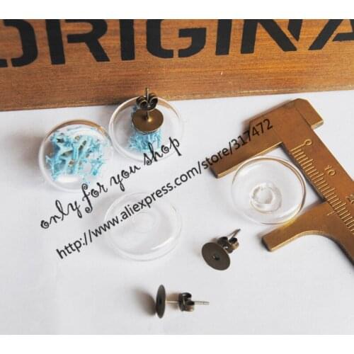 40sets 20mm Flat Round Glass bubble vial pendant & 10mm pad antique bronze earpin DIY glass vial stud earring