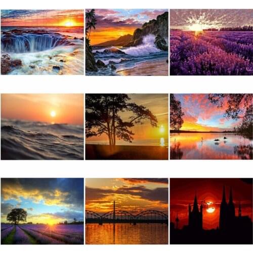 Diamond Painting Scenery Lavender Field Sea Bridge At Dusk Calm Lake High-Rise Buildings In The Evening Sea Rocky Beach Pictures