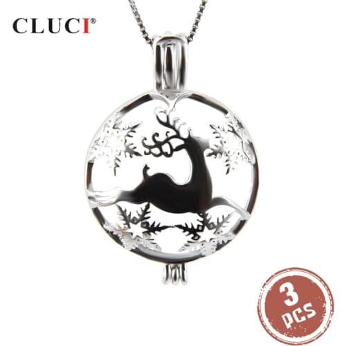 CLUCI 3pcs Silver 925 Running Sika Deer Round Shaped Cage Christmas Gift for Women 925 Sterling Silver Pearl Locket SC167SB