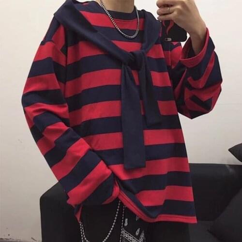 Trendy Fashion Punk Men Harajuku Blue Red Striped T-Shirt Male Loose Oversize Long Sleeve O-Neck T Shirt Tops Summer Boys Tees