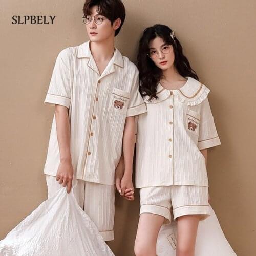 SLPBELY Cotton Couple Pajamas Homesuit Set Summer Casual Lapel Men And Women Short Sleeves Pyjamas Lovers Homewear Sleepwear New