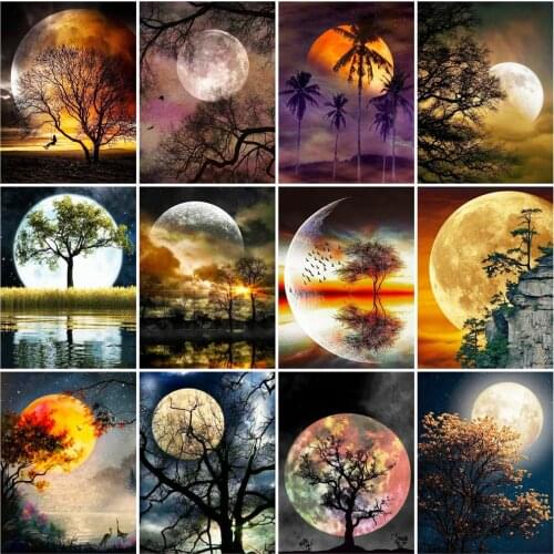 Huacan Diamond Painting Kit Moon Scenery Embroidery Mosaic Night Tree Landscape Cross Stitch Wall Decor Diamond Art