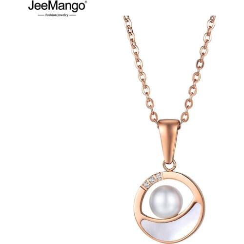 JeeMango Trendy Stainless Steel White Pearl Pendant Necklace Rose Gold CZ Crystal Charm Choker Necklace For Women Girls JN17093