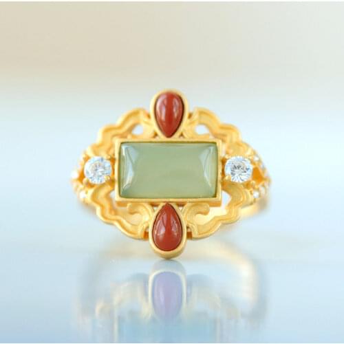 Rectangular natural Hetian jade drop-shaped southern red tourmaline hollow lace embellishment opening adjustable ladies ring