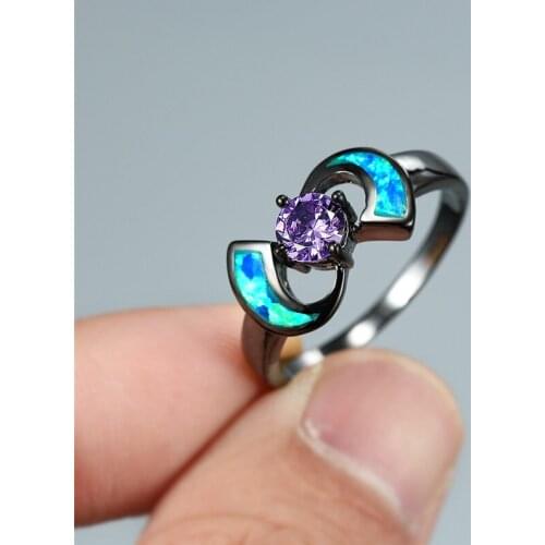 Blue Fire Opal Ring Dainty Purple Crystal Round Stone Ring Vintage Black Gold Engagement Rings For Women Wedding Fashion Jewelry