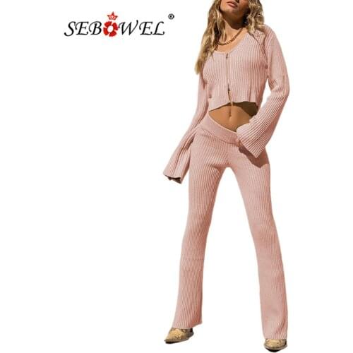 SEBOWEL Casual Women Long Sleeve Cardigan Zip Two Pieces Sets Autumn Female Flare Sleeve Knitted Top Pants Outfits Clothes Suit