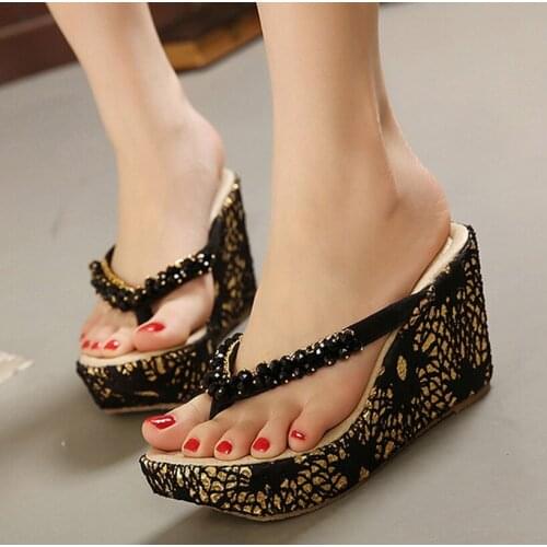 New women beach flip flops platform Muffin bottom sandals slides slippers crystal wedges outside summer fashion shoes black