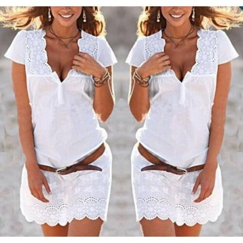 New Fashion Women Casual Sexy V-Neck Long Sleeve Lace Trim Short Mini Dress white dress