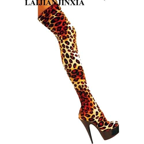 New autumn female boots 15 cm thick bottom appeal, leopard grain, high with an evening over-the-knee steel tube dancing shoes
