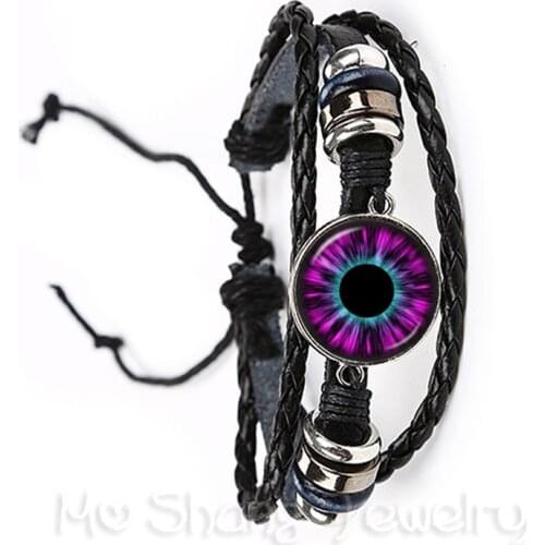 Charming Green Eyes Evil Eye Bracelet Beautiful Animal Dragon Cats Eye 20mm Glass Cabochon Black/Brown Leather Bangle Best Gift