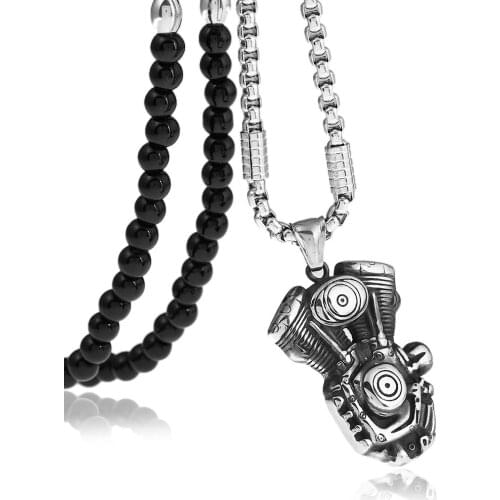 Punk Cool Titanium Stainless Steel Motorcycle Engine Pendants Necklaces with Black Natural Stone Chain 26"