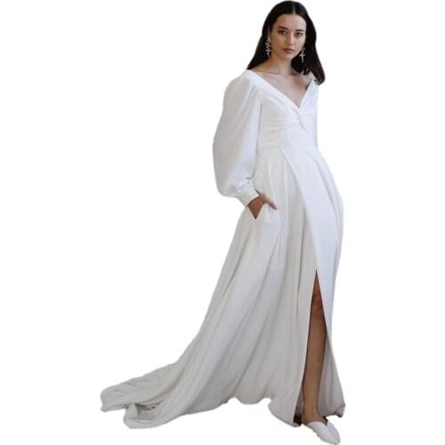Simple wedding dress side split V-neck Bohemian long sleeve puffy bridal dress with pockets for bridal party dress