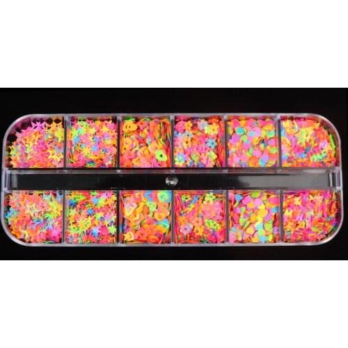 MIx Color Fluorescence Hollow Stars hearts Sequins Neon Round Nail Art Glitter Flakes 3D DIY Colorful Slice Nail Art Decorations