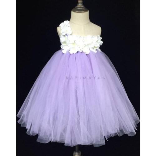 Girls Lavender Vintage Tutu Dress Kids Single Shoulder Dress Long Ball Gown with White Pearl Flower Children Party Costume Dress