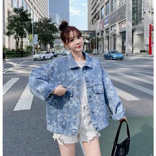 Spring New Women Thin Denim Jacket Korean Salt Series Fried Street Anime Cartoon Bear Print Loose All-Match Casual Blouse