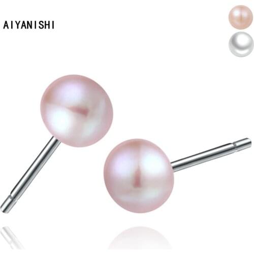 AIYANISHI Solid 925 Sterling Silver Stud Female Earrings 4-9mm Natural Freshwater Pearl Stud Earrings Bijoux Girl TeenGift