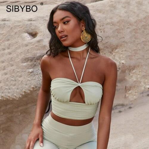 Sibybo Black Halter Crop Tops Women Camisoles Sexy Y2K Hollow Out Backless Tank Top 2021 Streetwear Femme Hot Skinny Vest Tees
