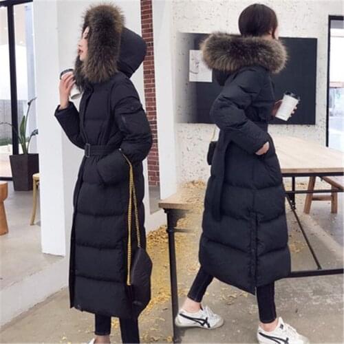 2019 New Big size Winter Long Down Jacket Real Raccoon Fur Collar Duck Down Coats Female Thick Warm Hooded Down Parkas 863