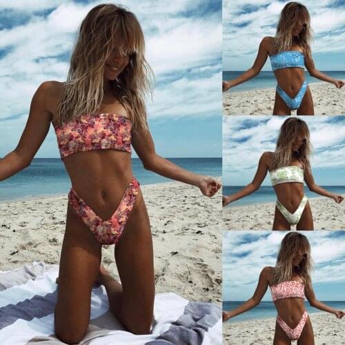 Women High Waisted Bikini Set Strapless Floral Summer Swimwear Swimsuit Sexy Two-Piece Bathing Suit