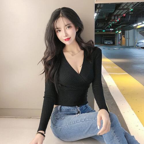 All-Match Sexy Deep V Sweater Women Knitted Full Sleeve Pullovers Casual Slim Bottoming Sweaters Female Elastic Cotton Tops
