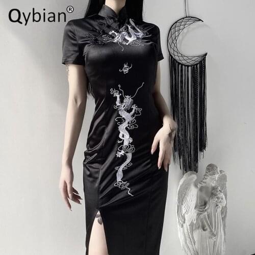 Dark Style Retro Long Dress Women Large Size Embroidered Dragon Elegant Dress Slim Cheongsam Dress For Women Hip-hop Punk