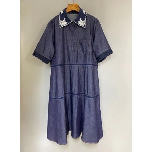 High Quality Denim Dress 2021 Summer Clothes Women Turn-down Collar Exquisite Embroidery Short Sleeve Casual Loose Dress Jean