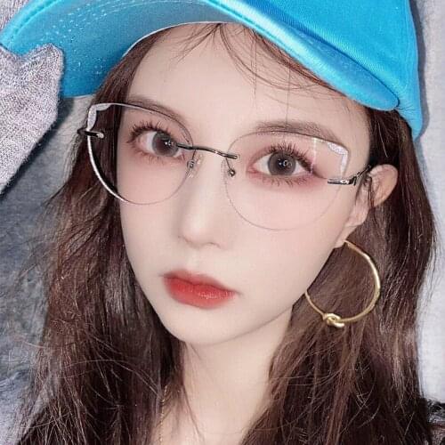 0~10.00 Cat Eye Glasses Frame Women Rimless Eyeglasses Korean Round Diamonds Glasses Prescription Sunglasses Eyewear