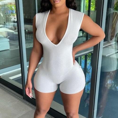 2021 Fashion Skinny Bodysuit Fitness Workout Sport Playsuit Women Sleeveless Deep V Neck Bodycon Jumpsuit Streetwear Sportswear