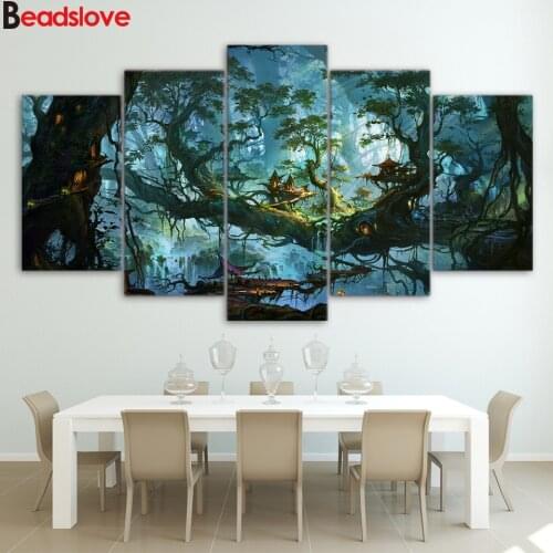 5 Pieces 5d diy diamond painting Fantasy Houses Magic Forest Night diamond picture full square round diamond embroidery