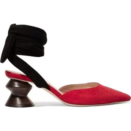 Sexy Women Twisted Strange Heels Bandage Sandals Pointed Toe Suede Leather Mixed Color Lace Up Pumps Pretty Dress High Heels