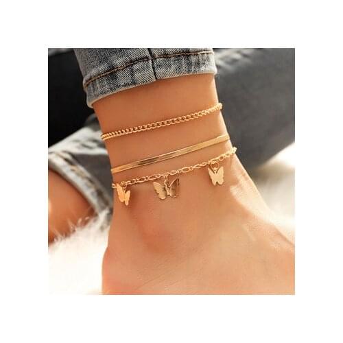 Fashion Multilayer Cute Butterfly Anklets for Women Bohemian Simple Anklet Gold Color Chain Ankle Bracelet on Leg 3pcs/set