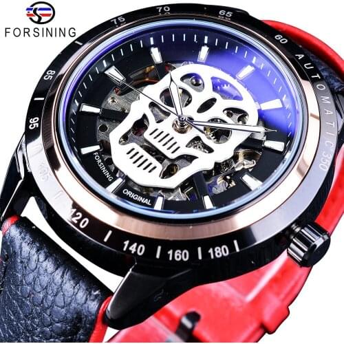 Forsining Sport Clock Skull Skeleton Black Red Watches Mens Automatic Watches Top Brand Luxury Luminous Design Water Resistant