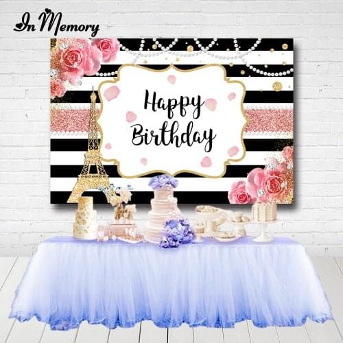 InMemory Flowers Black And White Striped Lady Woman Birthday Party Backdrops For Photography Glitter Tower Pearl Backgrounds