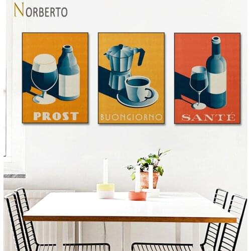 Modern Style Canvas Painting Poster Still Life Drawing Pictures Nice Wine Coffee Cups Prost Sante for Home Rooms Wall Decoration
