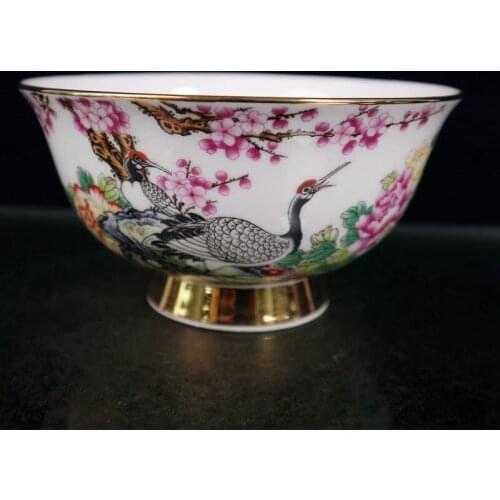 Chinese early collection of porcelain painted with gold and pink crane pattern bowl