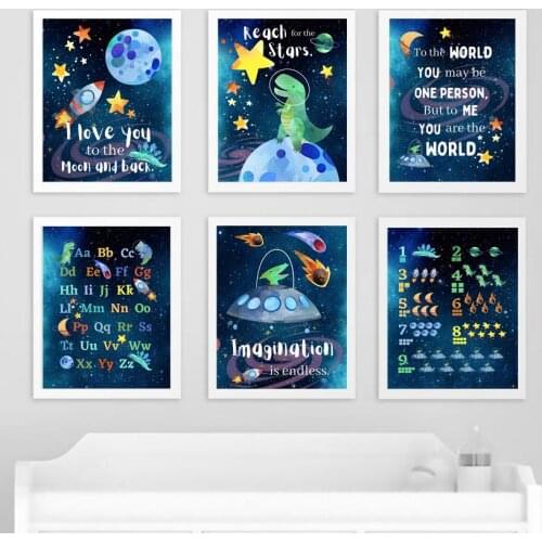 Space Dinosaur UFO Education Number Alphabet Nursery Wall Art Print Canvas Painting Nordic Poster Decor Pictures Baby Kids Room