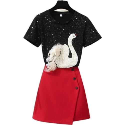 Fashion Summer Womens Suits Sweet Swan Embroidery Short Sleeve T-shirt Tops + Red A-line Short Skirt Suits