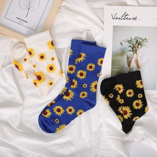 Fashion Vintage Sunflower Womens Socks Cotton Cozy Breathable Mid-tube Sock Trendy Flower Warm Autumn Winter Socks Streetwear