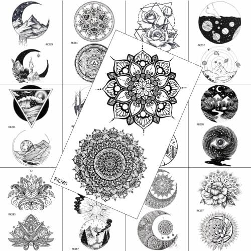 Fashion Black Henna Flower Temporay Tattoo Sticker Geometric Body Art Arm Legs Tattoo For Women Fake Minimalist Realistic Tattoo