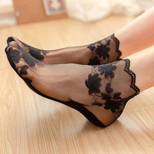 Transparent Short Lace Socks Women Summer Hollow Out Boat Socks Slippers Female Soft Low Invisible Socks Non-slip Socks Leaves