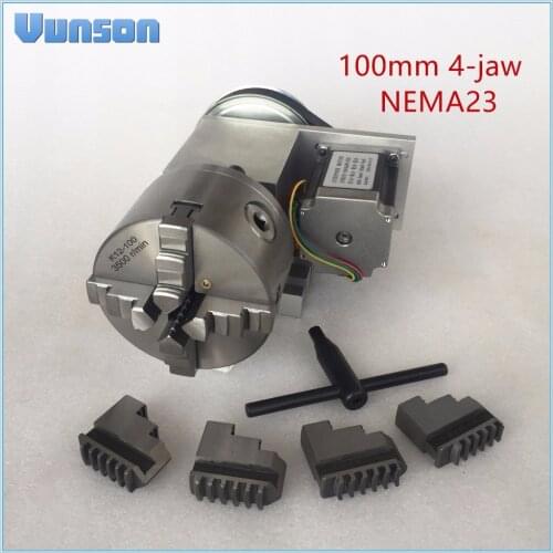Hollow Shaft 100mm 4-Jaw Chuck NEMA23 Motor Rotary Axis CNC 4th Axis Headstock for Woodworking CNC3040 Router