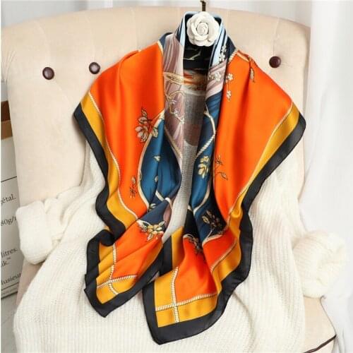 Silk Satin Design Print Square Scarf Women Fashion 90*90cm Bandana Shawl Muslim Headscarves Hijab Spring Summer 2021