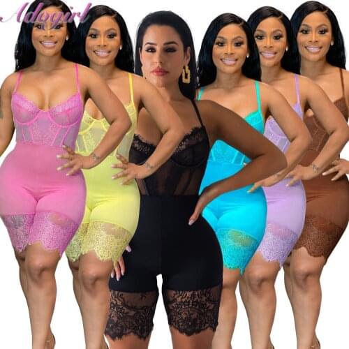 Solid Lace Patchwork Sheer Mesh Strapless Playsuit Women Pajamas Sexy See Through Backless Party Club Jumpsuit Outfit Rompers