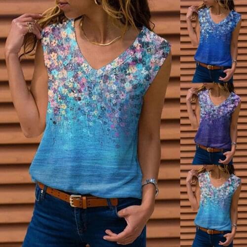 V-neck printed sleeveless top with drawstring vest fashion womens top, new relaxed short sleeve casual womens dress in summer