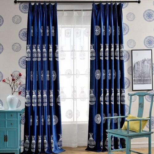High-end blue velvet curtains embroidered modern Chinese style for living room bedroom velvet embroidered curtains tulle custom