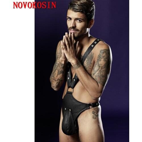 XB61 2018 S-XL Black Faux Leather Babydoll Three Point Men Hot Sale Body Suit Sexy Lingerie Rivet Straps PU Bulge Cock Pouch