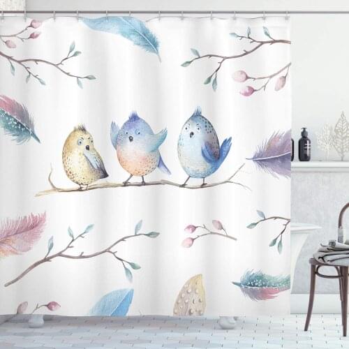 Animal Shower Curtain Hand Drawn Birds Sitting on Branch Cartoon in Boho Style Watercolors Leaves Feathers Bathroom Decor Set